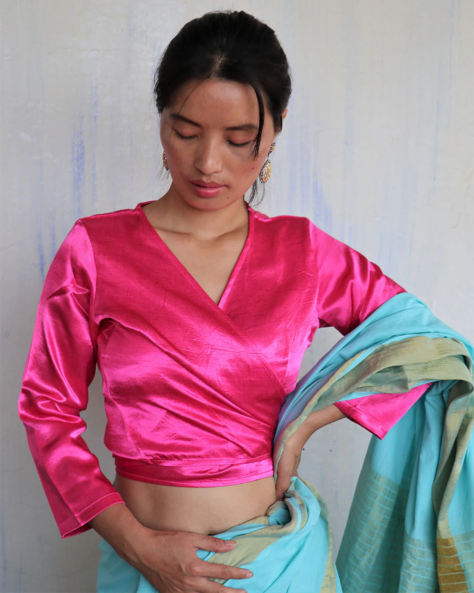 Pink Tie-Up Mashru Silk Blouse-Sahar - Image 3