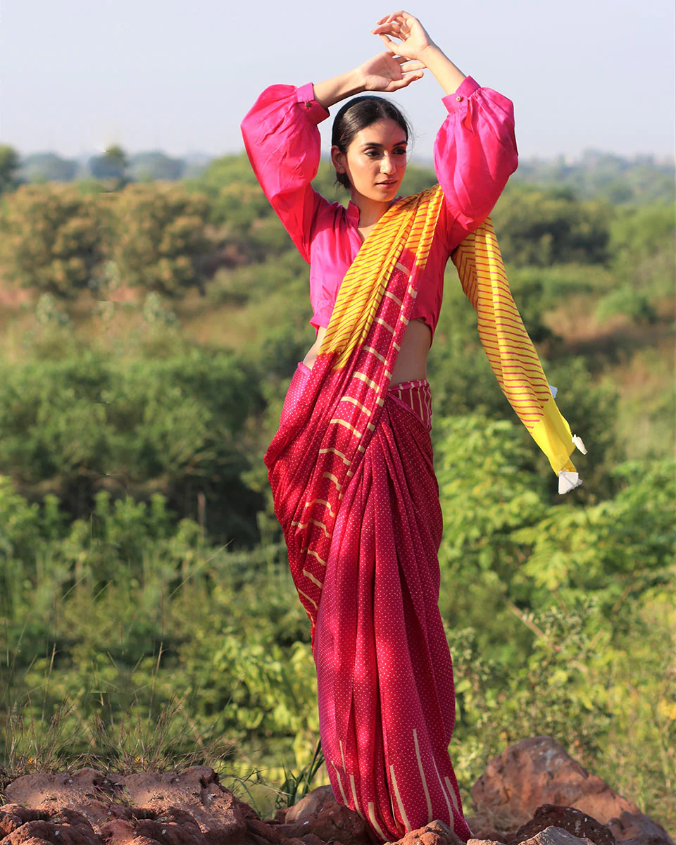 Pink-Yellow Blockprinted Modal Silk Saree - Rang - Image 4