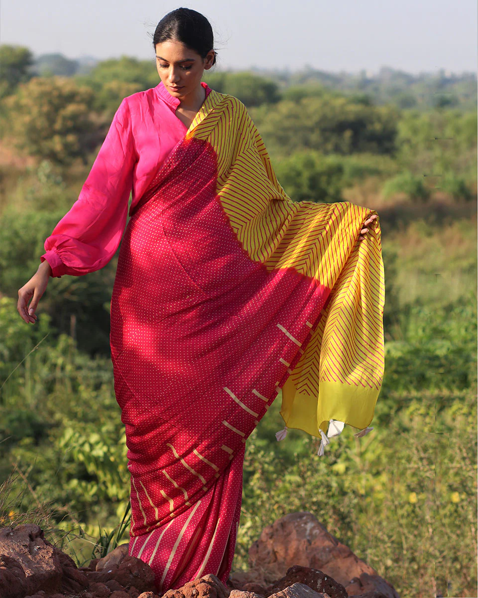Pink-Yellow Blockprinted Modal Silk Saree - Rang - Image 6
