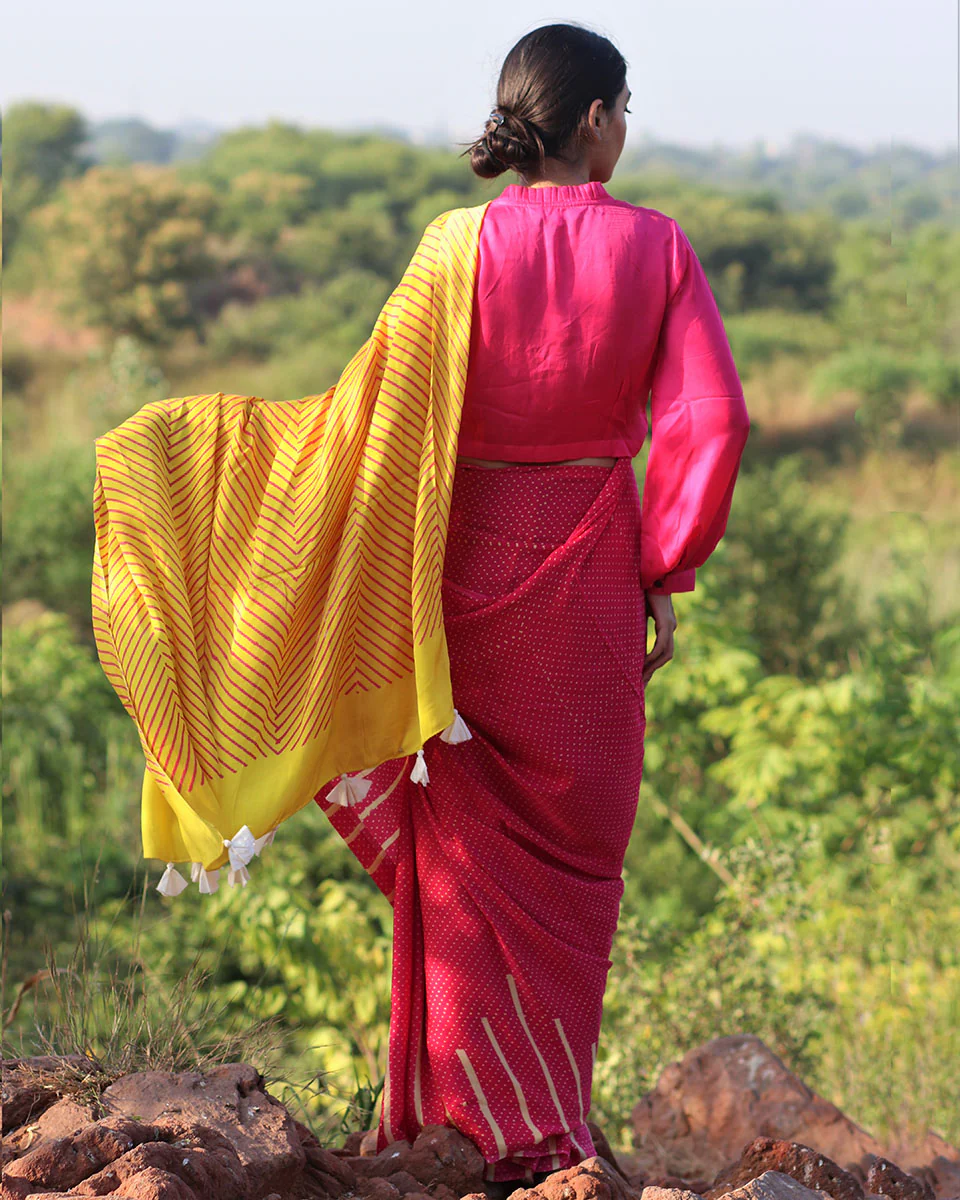 Pink-Yellow Blockprinted Modal Silk Saree - Rang - Image 7