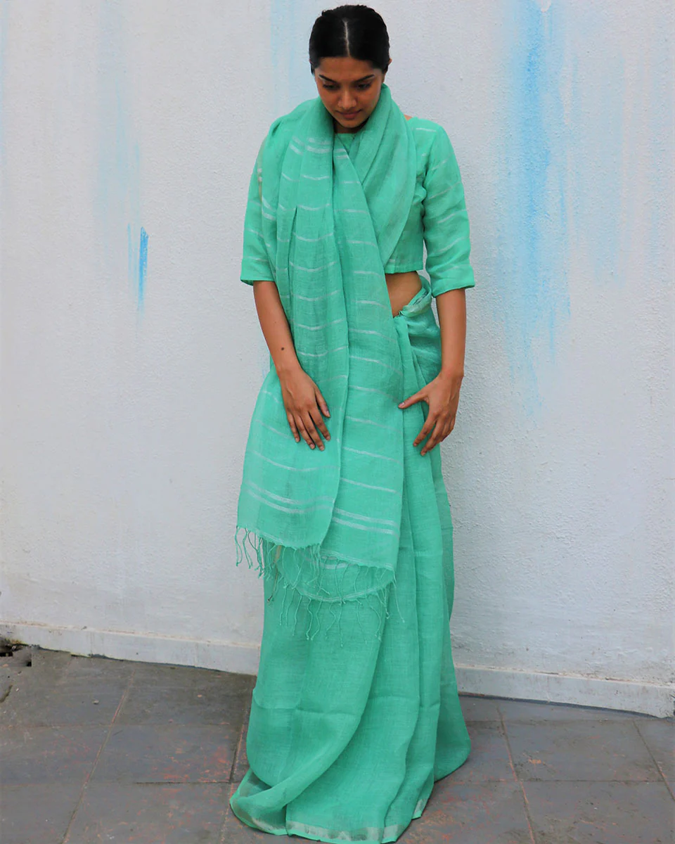 Seafoam Breeze Handwoven Linen Saree - Everyday Beautiful - Image 2