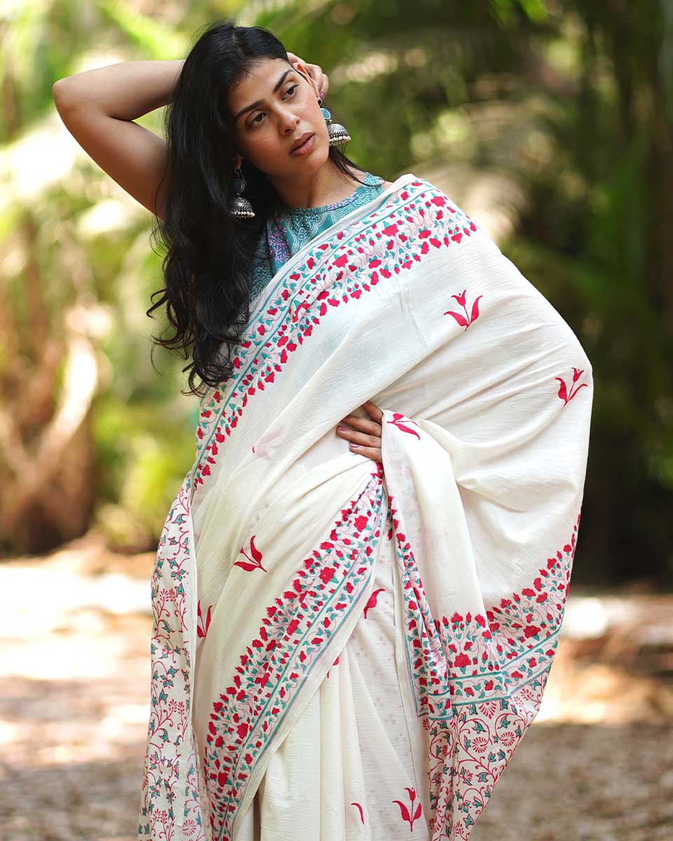 Poppy's Perfection Ivory Block Printed Saree - MMG - Image 6