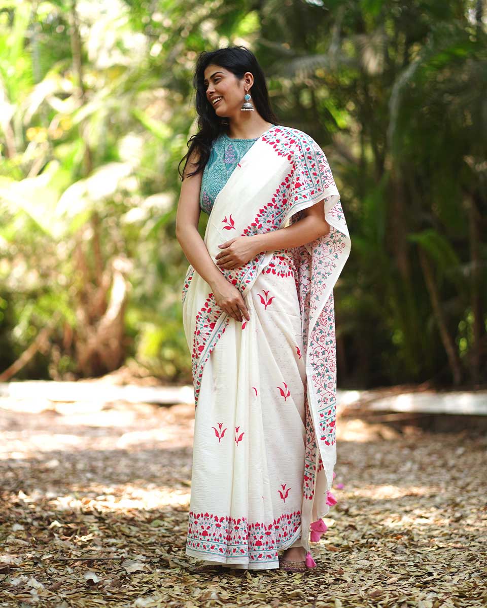 Poppy's Perfection Ivory Block Printed Saree - MMG - Image 7
