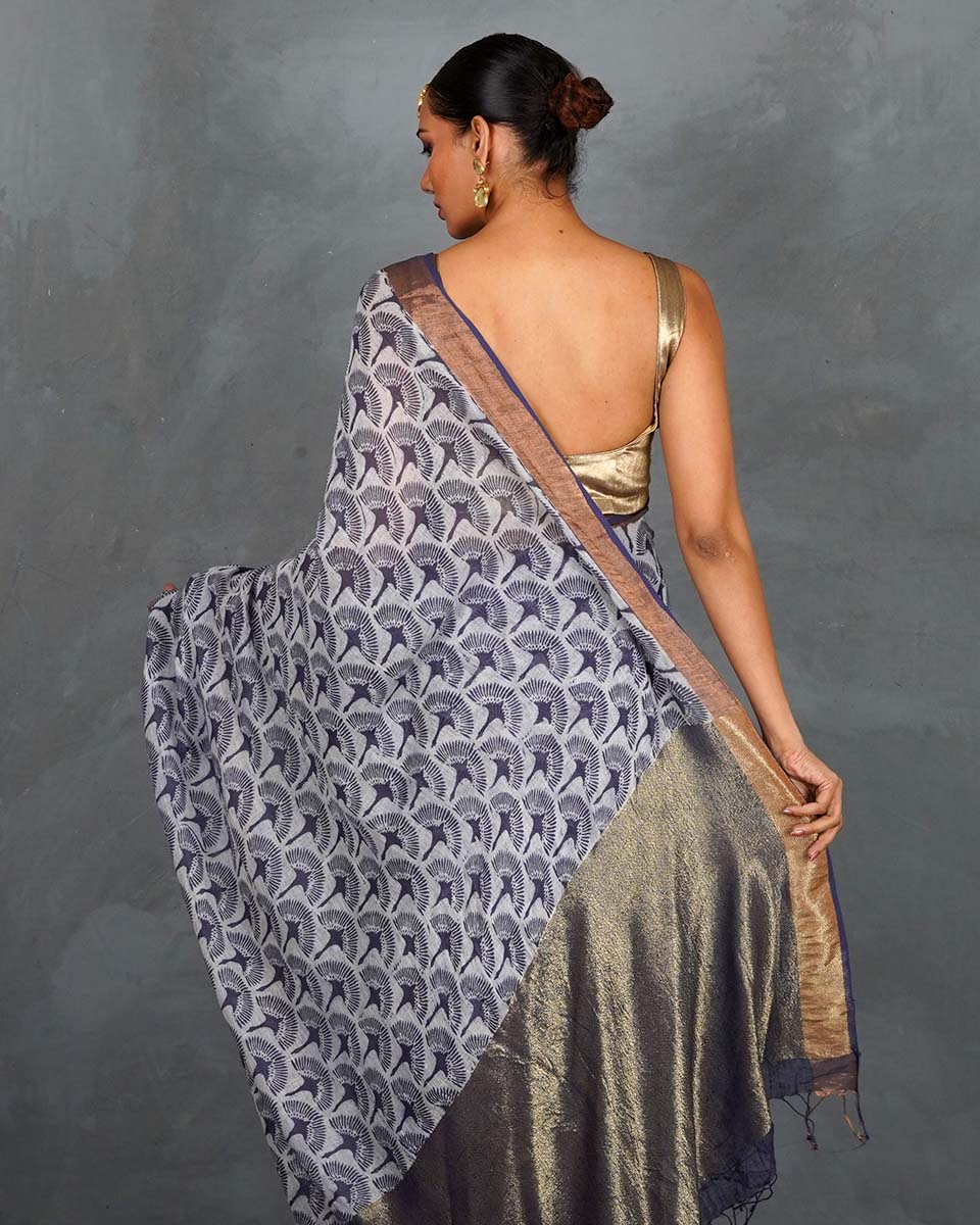 Prabha Blue With White Handblock Linen Saree - TARA - Image 10