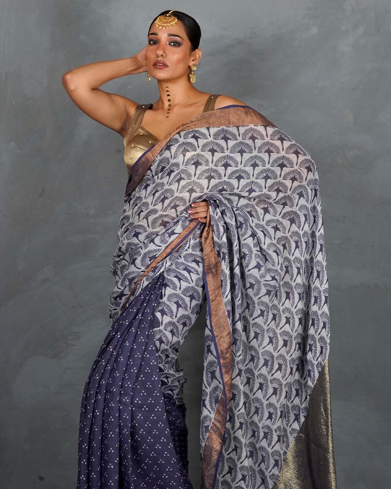 Prabha Blue With White Handblock Linen Saree - TARA - Image 11