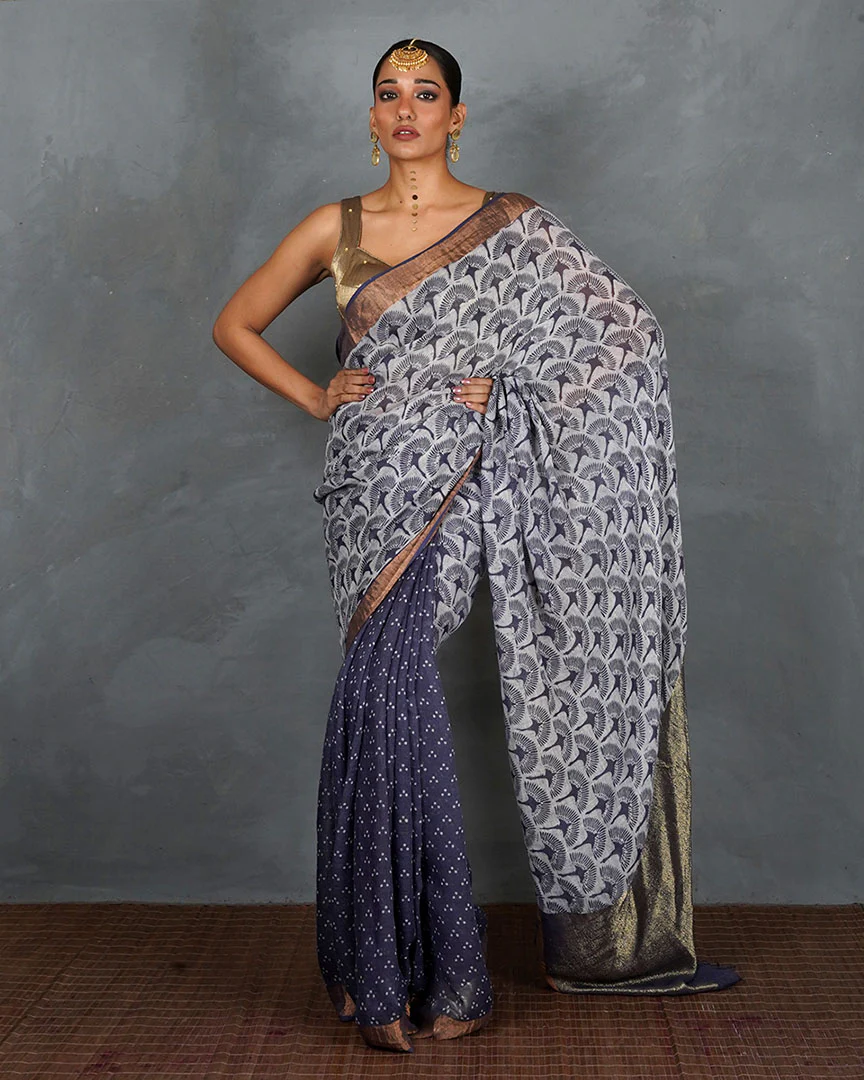 Prabha Blue With White Handblock Linen Saree - TARA - Image 8