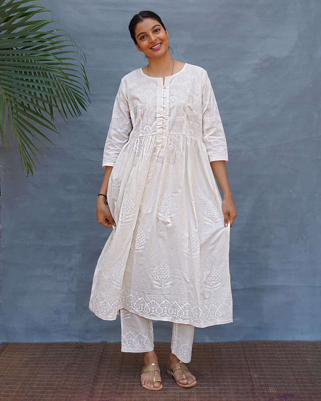 Pressed Cotton Ivory Handblock Printed Kurta Pant Set - SFD - Image 10