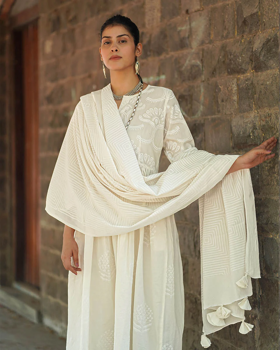 Pressed Cotton Ivory Handblock Printed Kurta Pant Set - SFD - Image 16