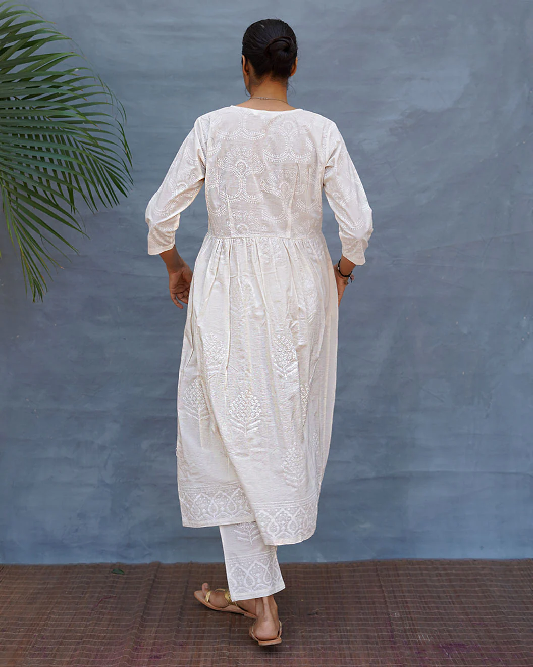 Pressed Cotton Ivory Handblock Printed Kurta Pant Set - SFD - Image 9