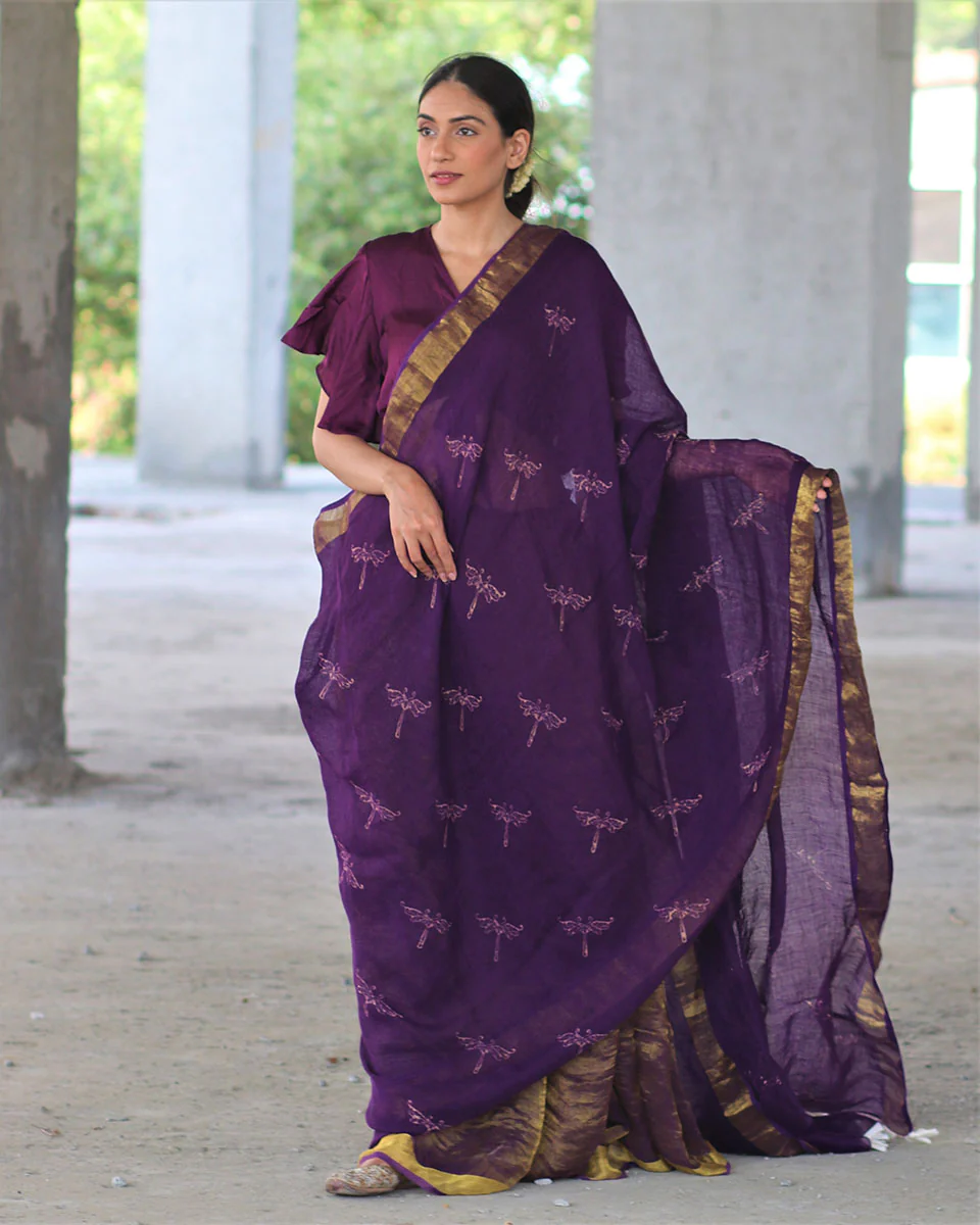 Purple Block Printed Handwoven Linen Zari Saree -Anant - Image 5