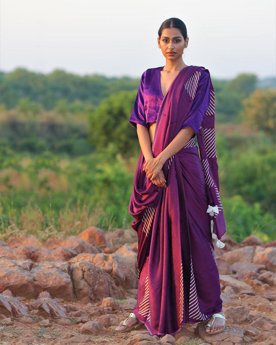 Purple Blockprinted Modal Silk Saree - Rang - Image 5