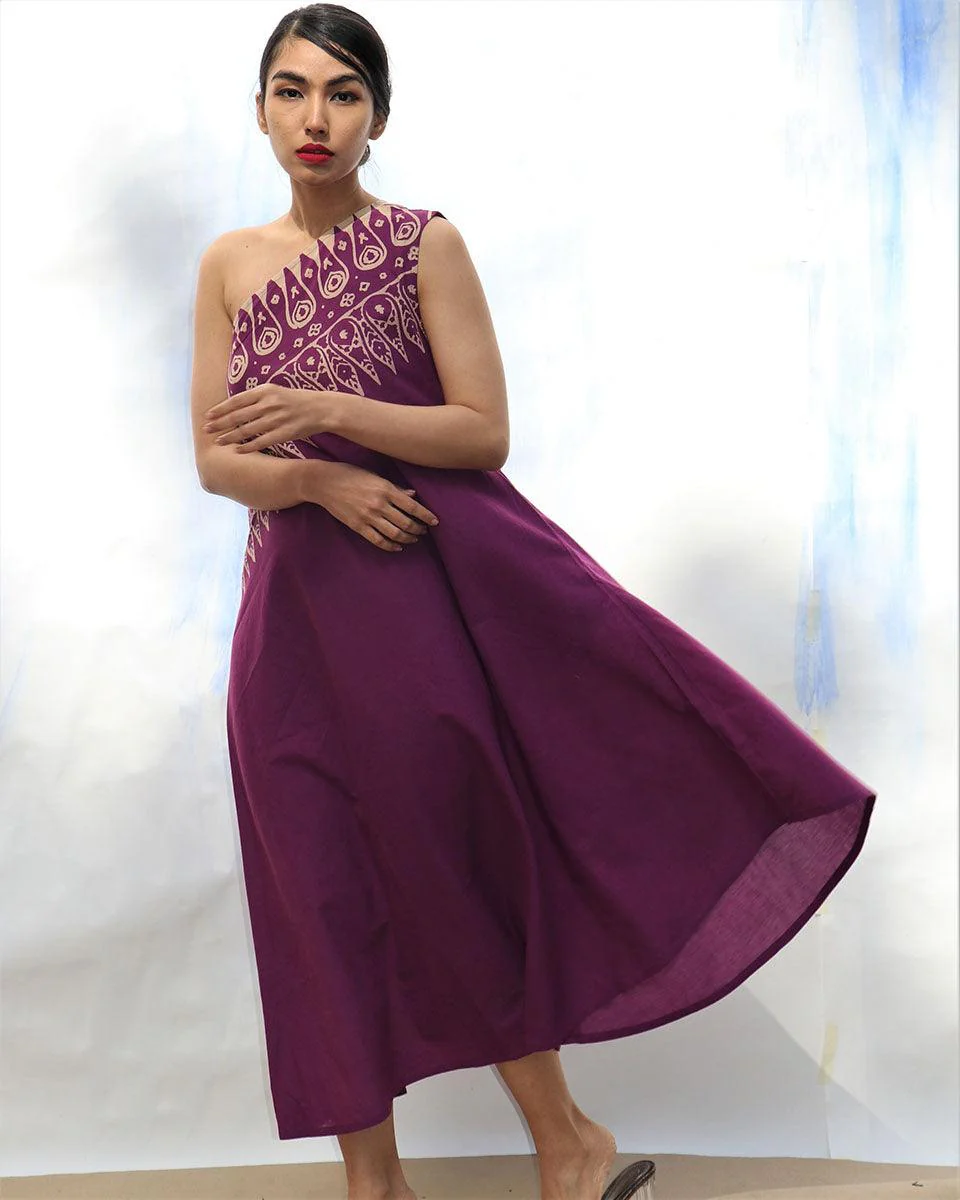 Purple Handprinted One Shoulder Pure Cotton Dress -Skd - Image 2