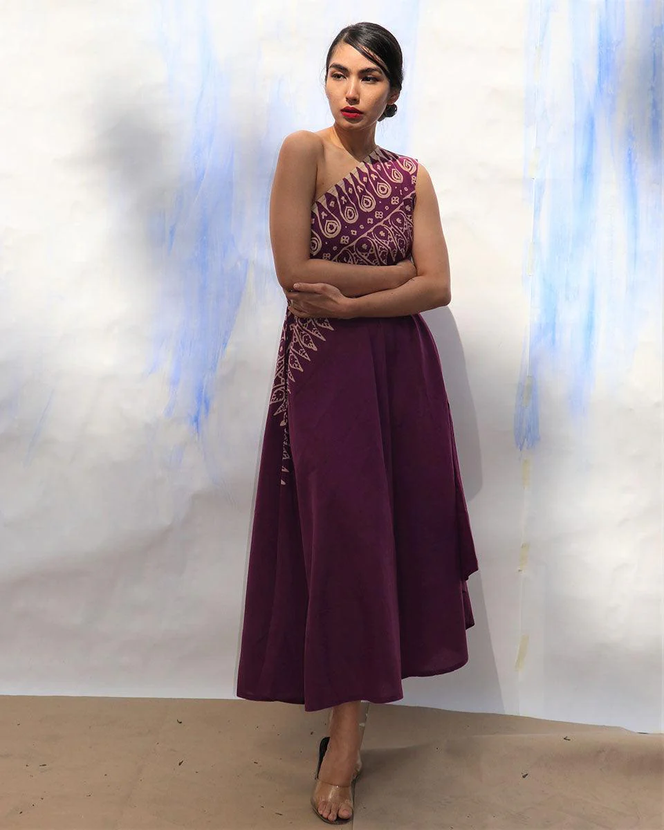 Purple Handprinted One Shoulder Pure Cotton Dress -Skd - Image 4