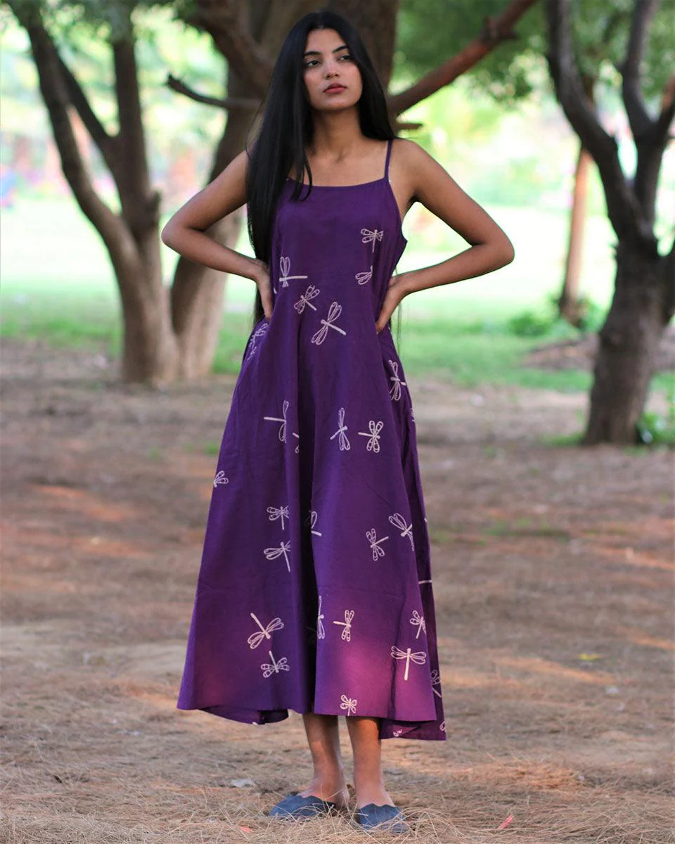 Purple Handprinted Pure Cotton Dress-Slow - Image 5