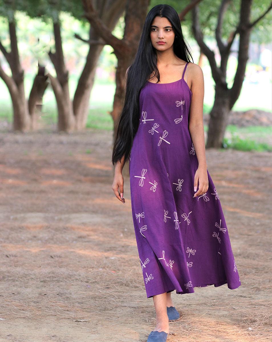 Purple Handprinted Pure Cotton Dress-Slow - Image 8