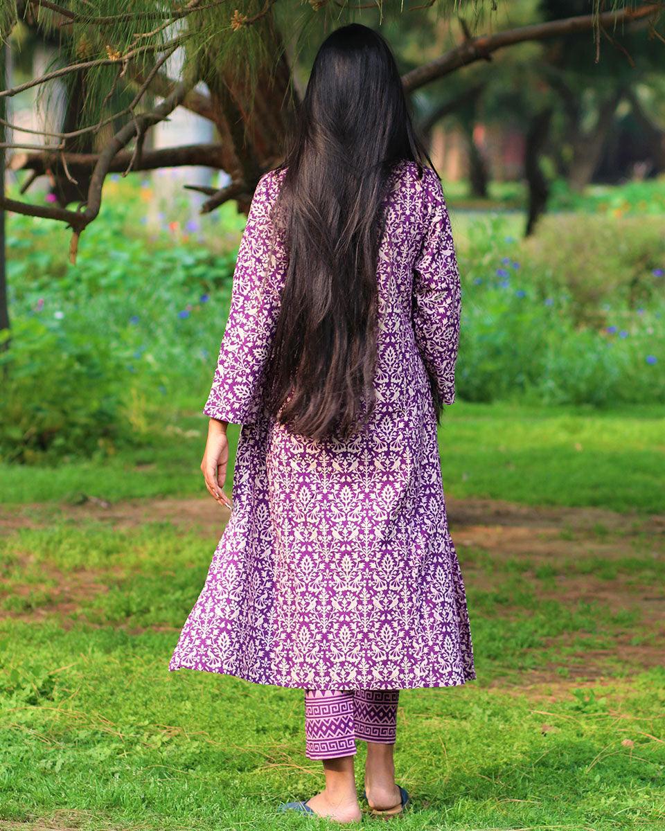 Purple Handprinted Pure Cotton Kurti Set Of 2-Slow - Image 6