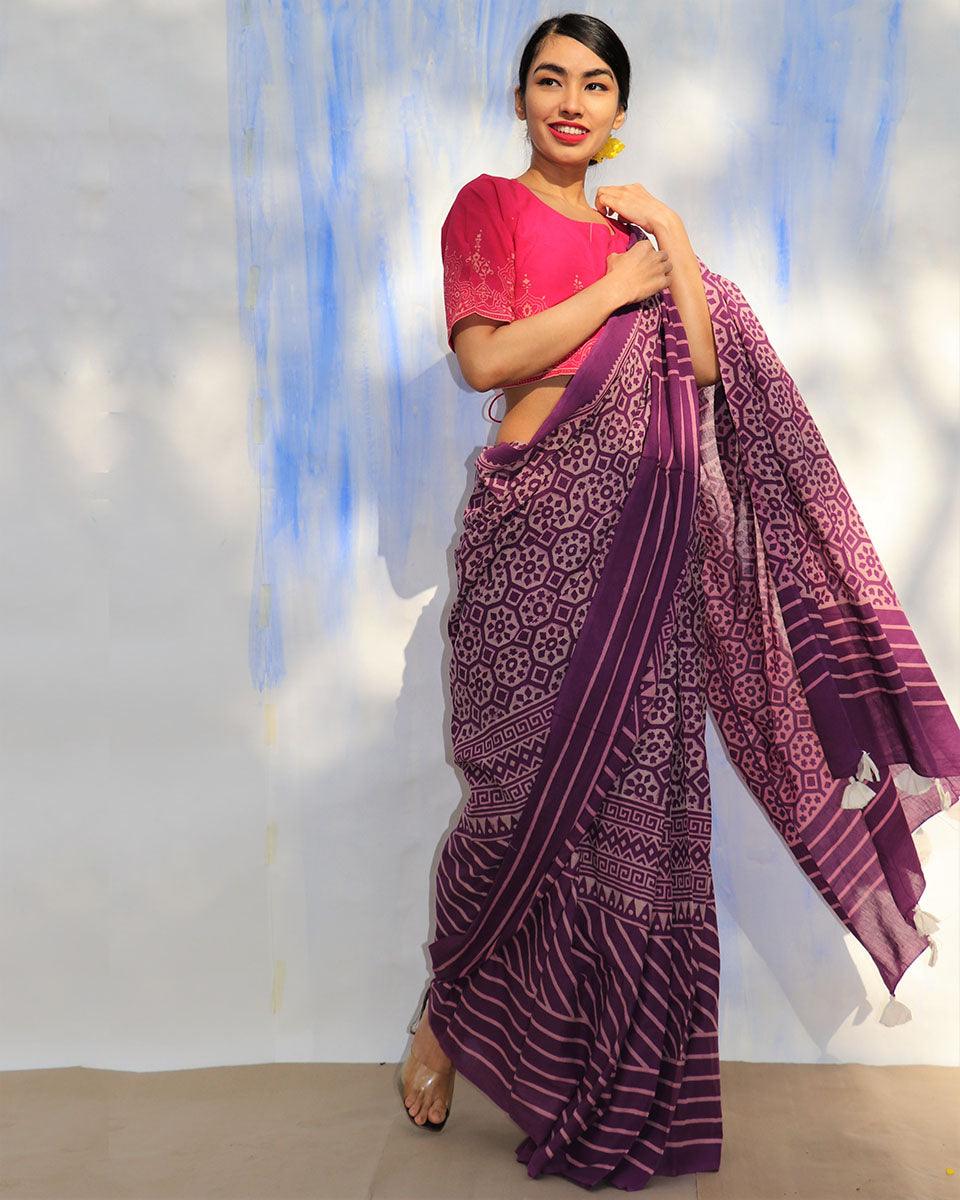 Purple Meadow Hand Blockprinted Sarees- Skd - Image 4