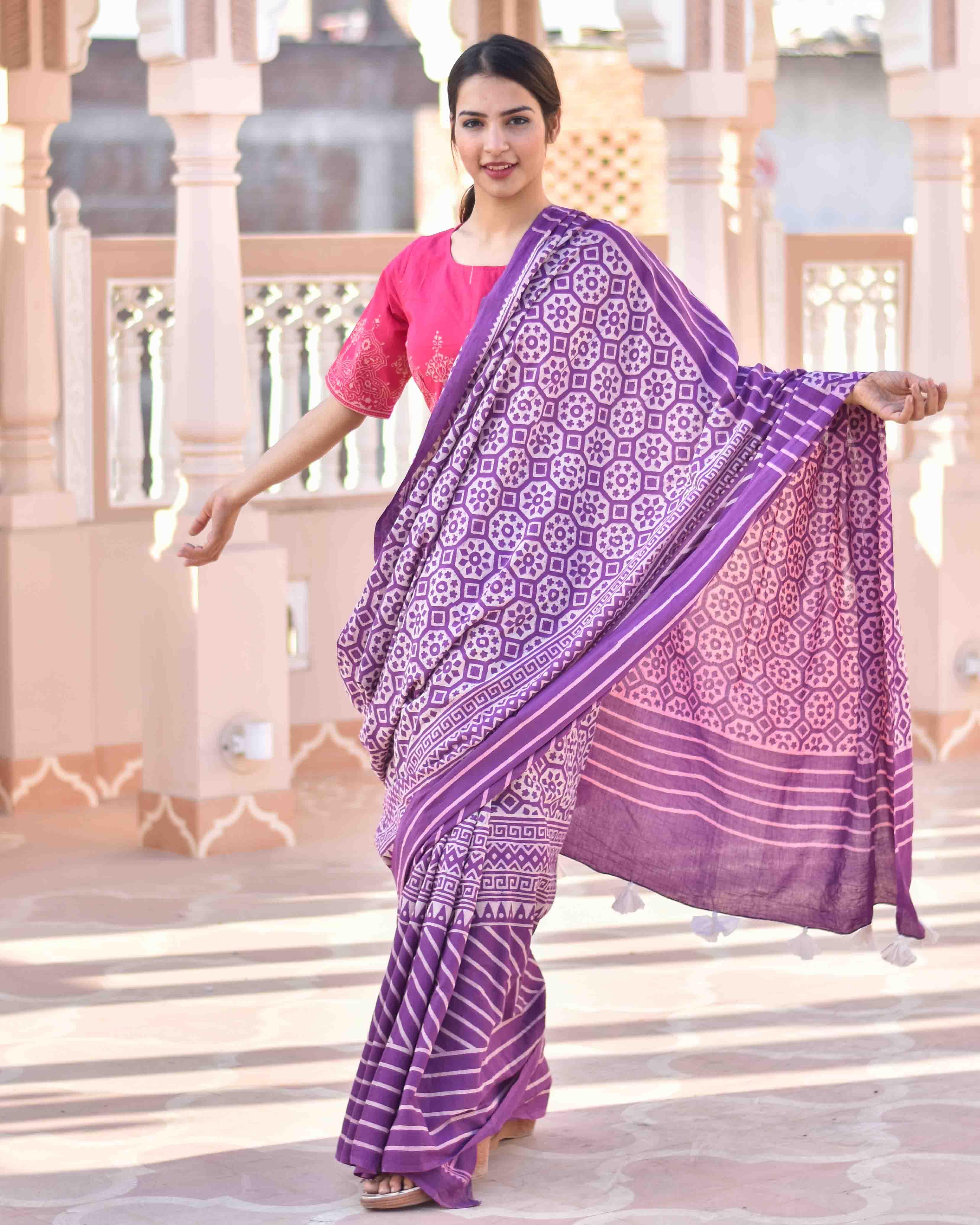 Purple Meadow Hand Blockprinted Sarees- Skd - Image 7