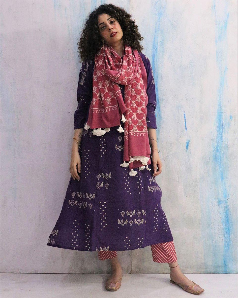 Purple & Pink Block Print Cotton Kurta Set - Image 12