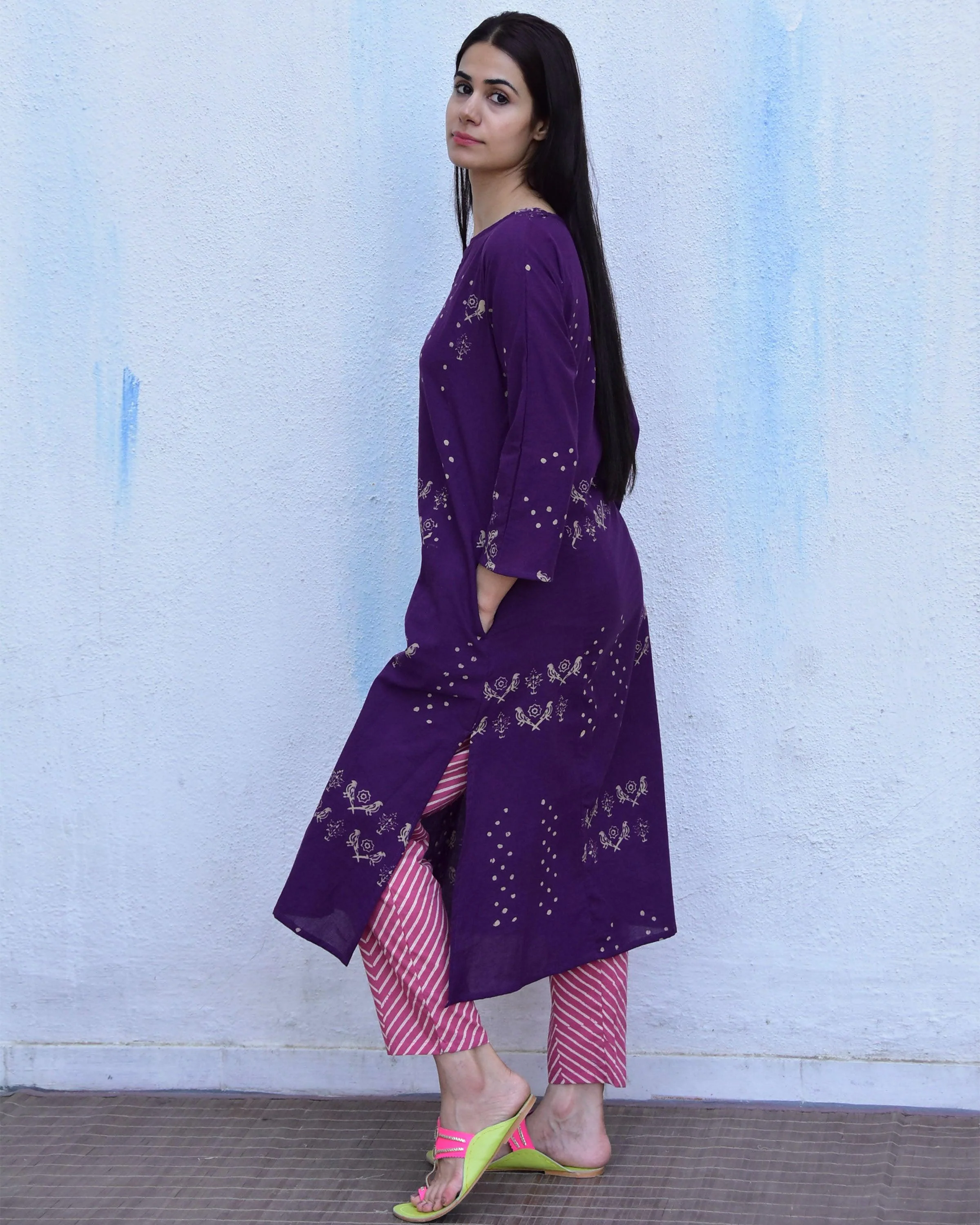 Purple & Pink Block Print Cotton Kurta Set - Image 5
