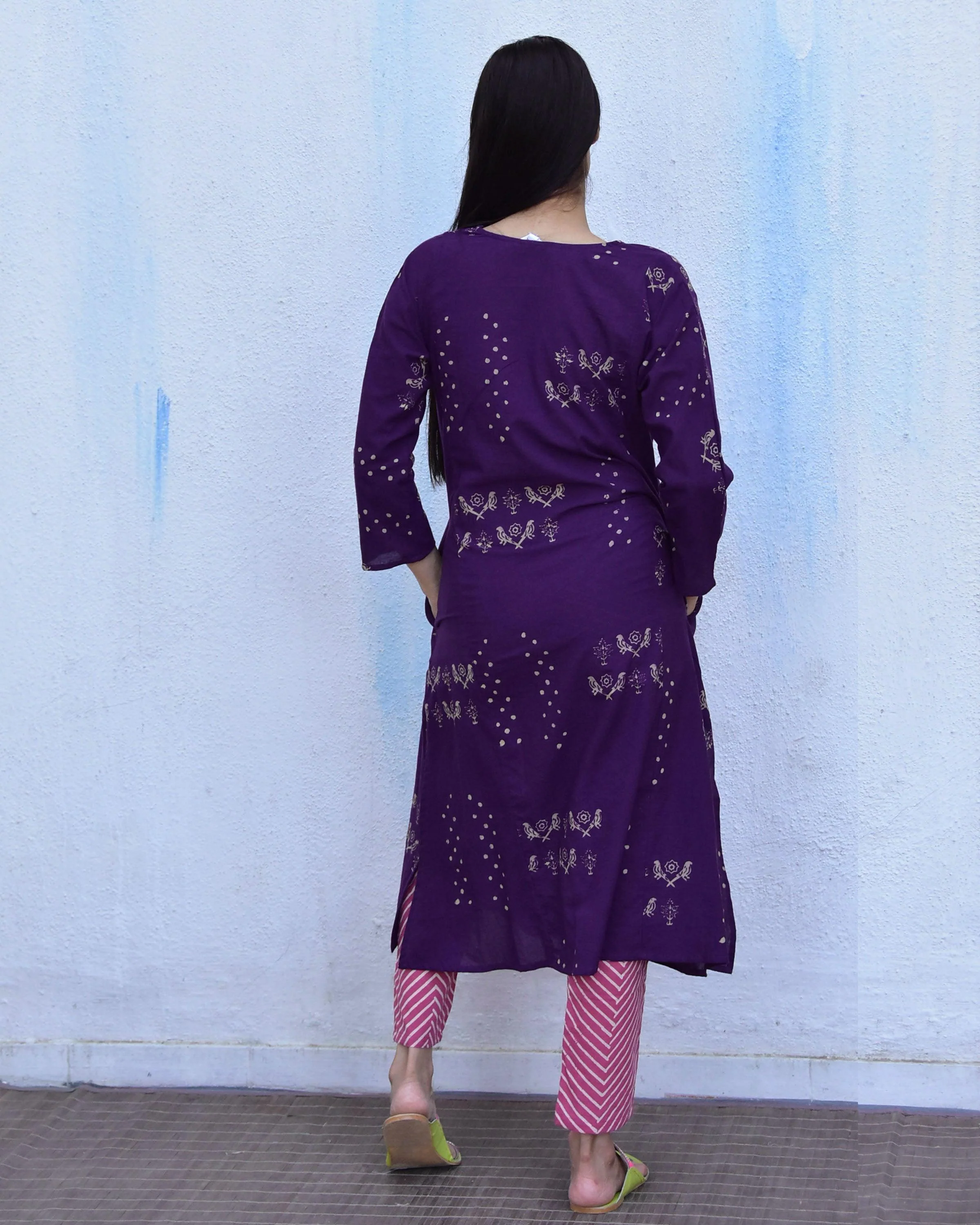Purple & Pink Block Print Cotton Kurta Set - Image 7