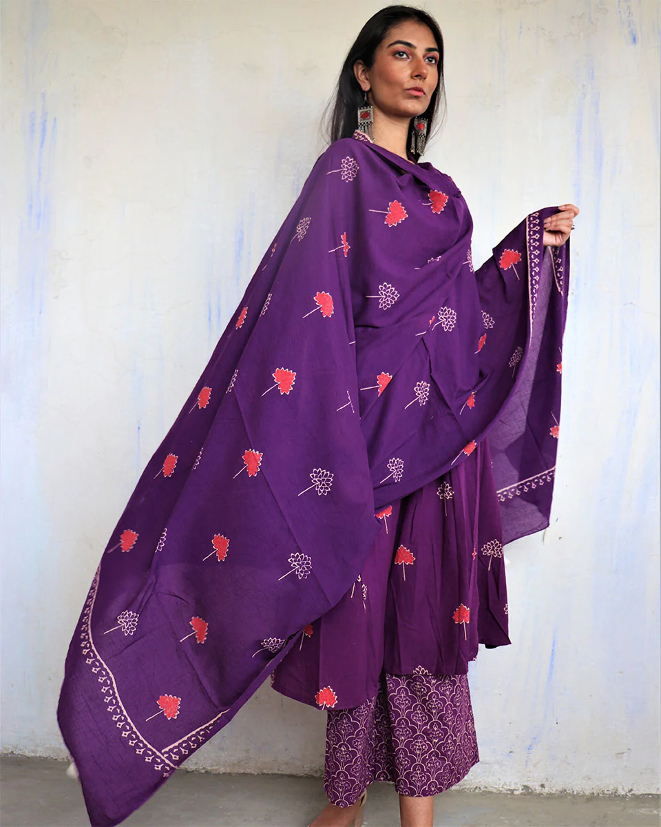 Purple Pure Cotton Block Pritned Dupatta-Ajooni - Image 2