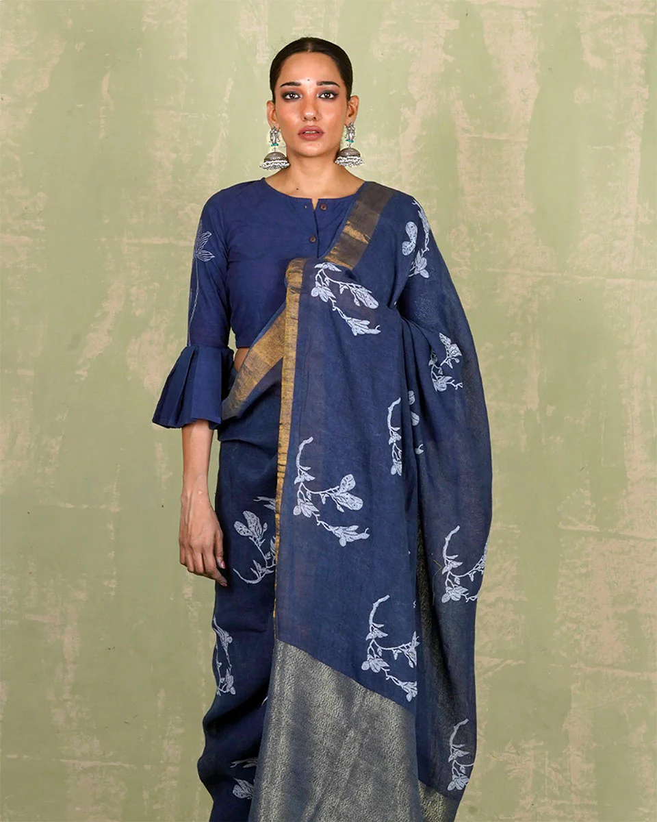 Purva Blue Handblock Print Linen Saree - INDI - Image 10