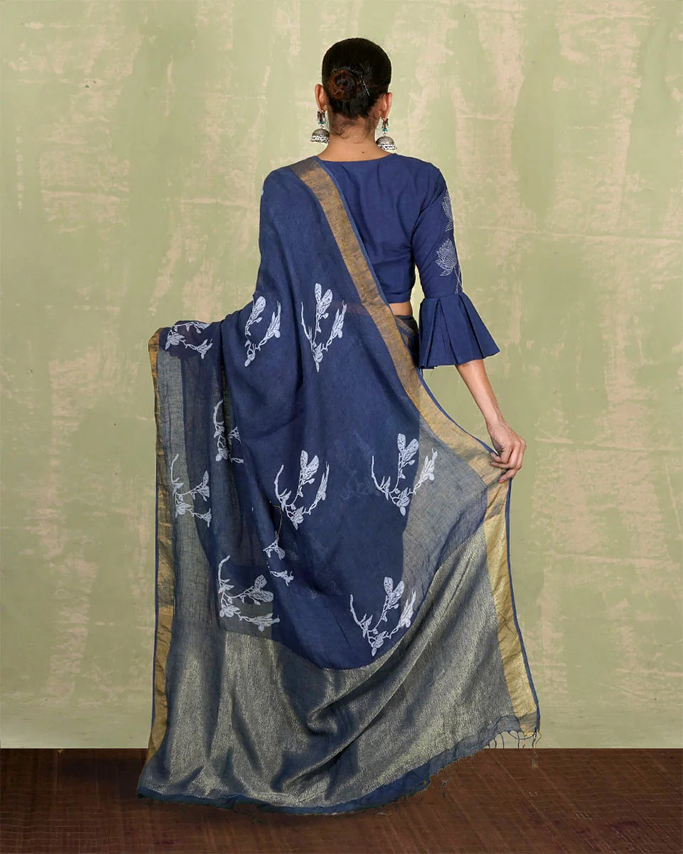 Purva Blue Handblock Print Linen Saree - INDI - Image 3