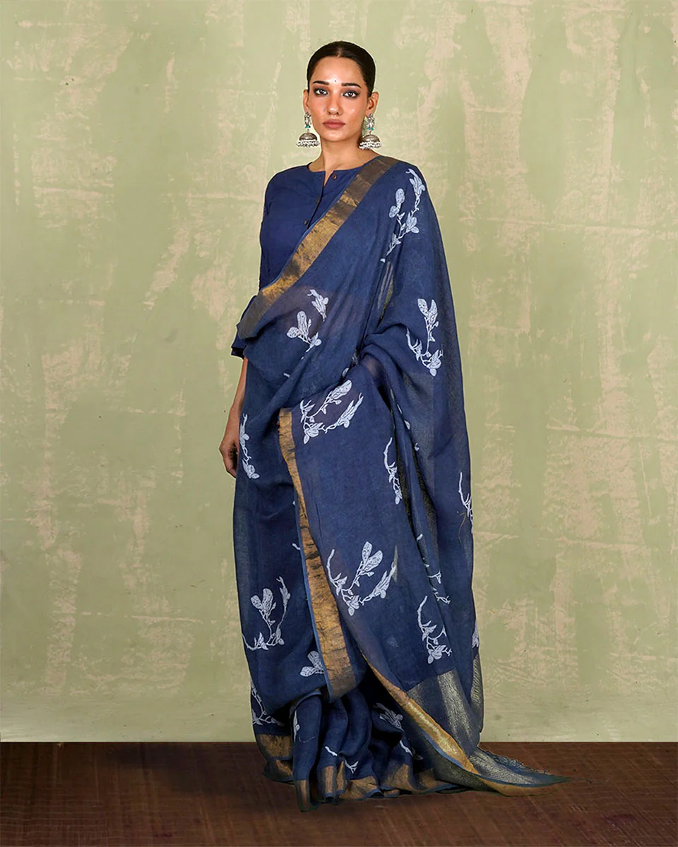 Purva Blue Handblock Print Linen Saree - INDI - Image 5
