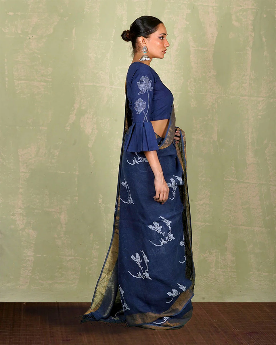 Purva Blue Handblock Print Linen Saree - INDI - Image 6
