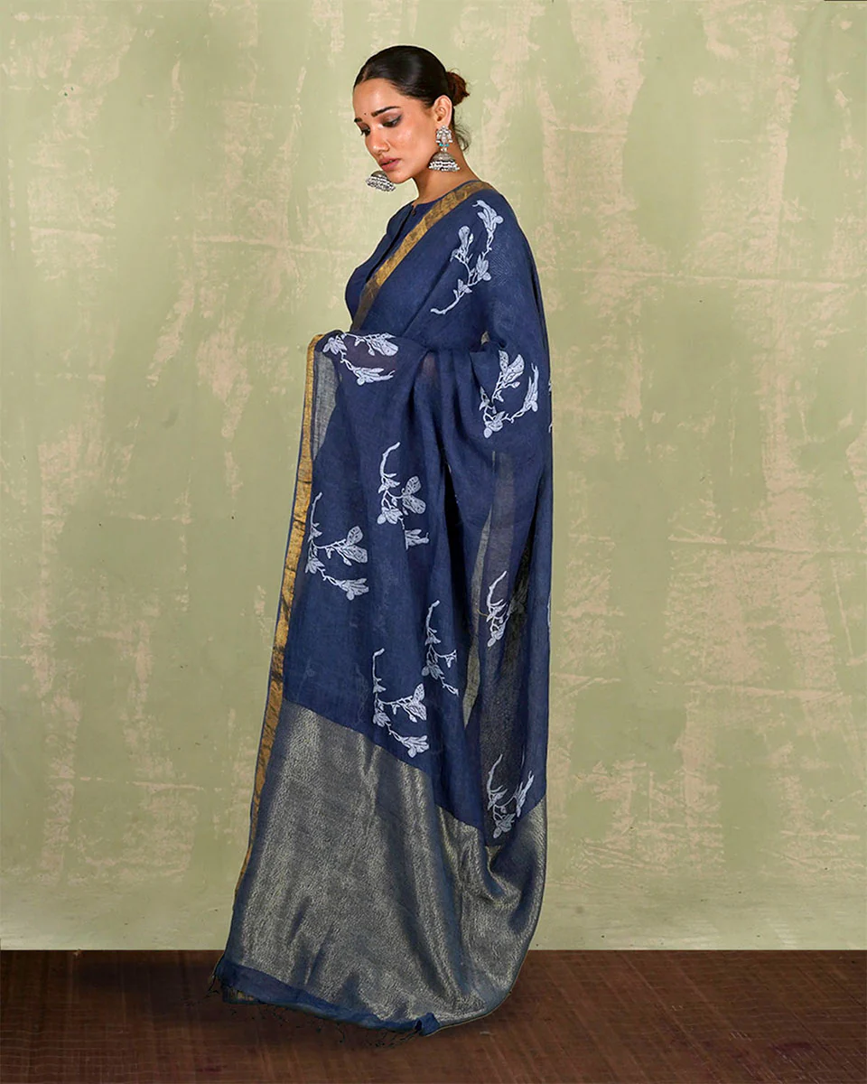 Purva Blue Handblock Print Linen Saree - INDI - Image 7