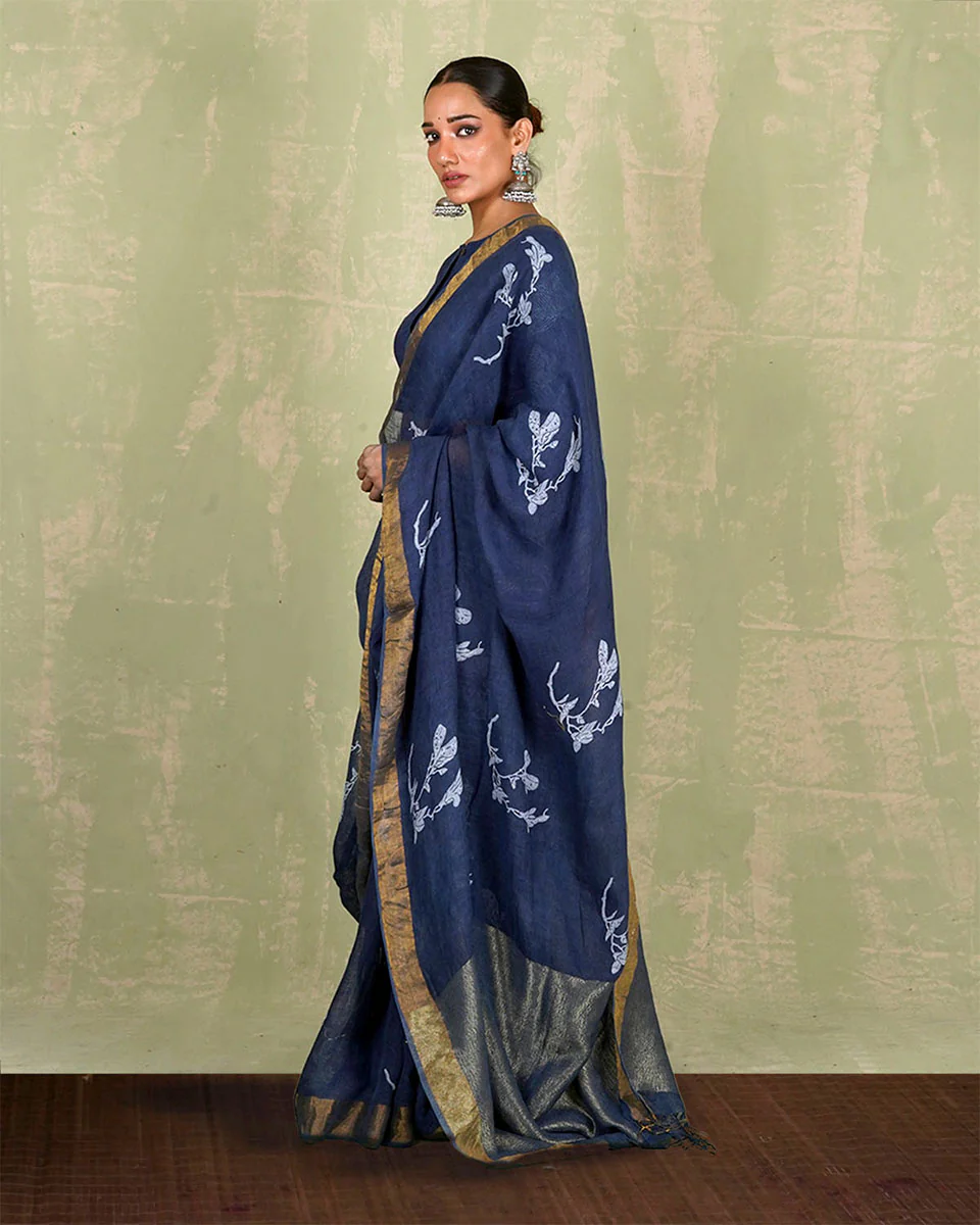 Purva Blue Handblock Print Linen Saree - INDI - Image 8