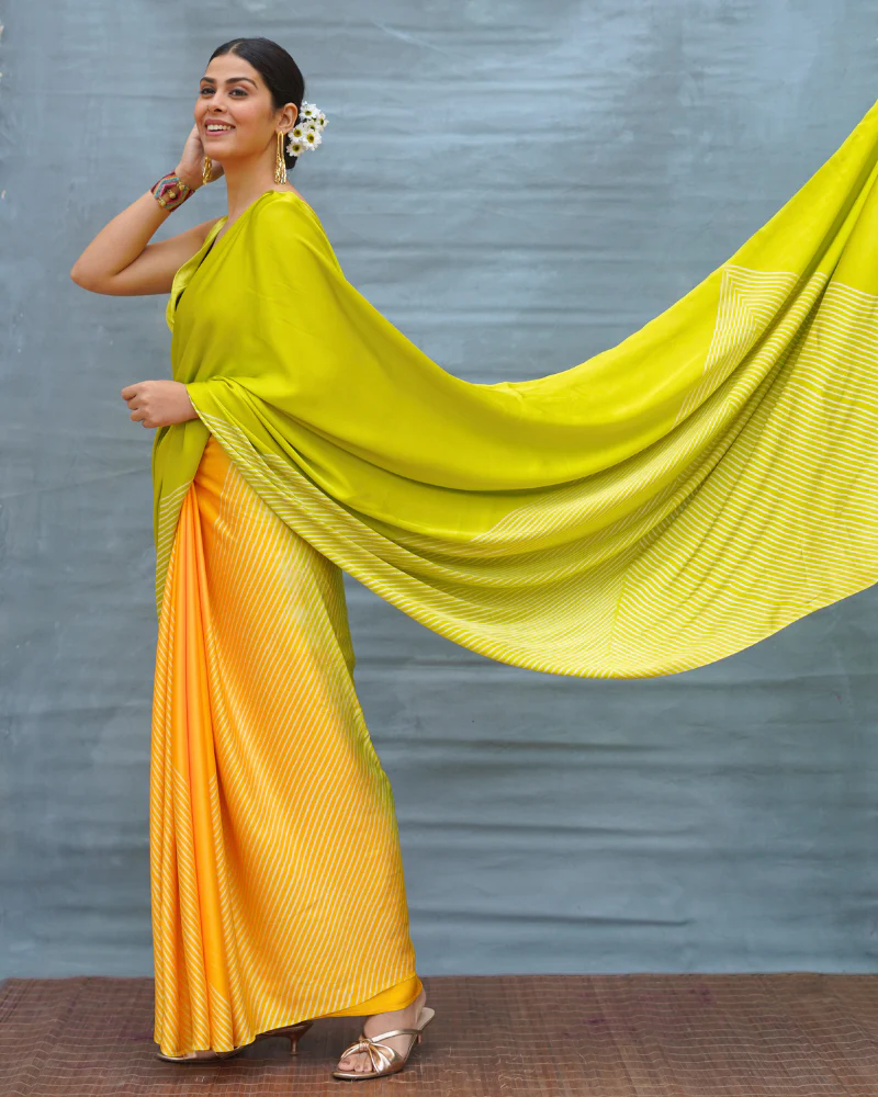 Quiet Wave Yellow Handblock Print Modal Silk Saree - Flow - Image 10
