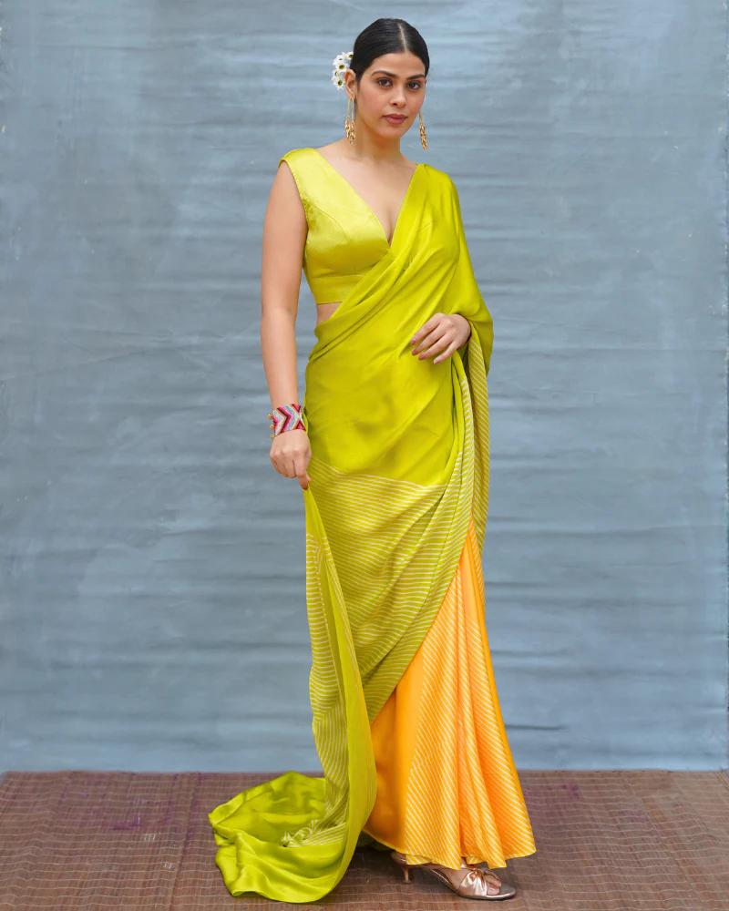 Quiet Wave Yellow Handblock Print Modal Silk Saree - Flow - Image 2