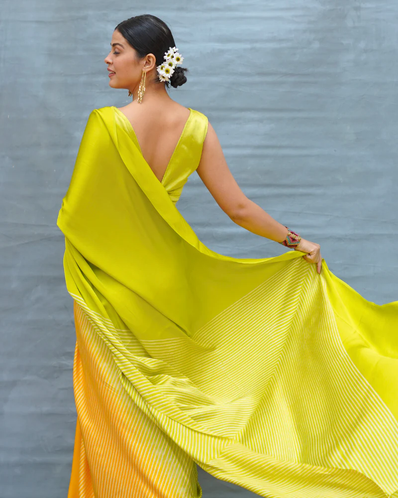 Quiet Wave Yellow Handblock Print Modal Silk Saree - Flow - Image 3