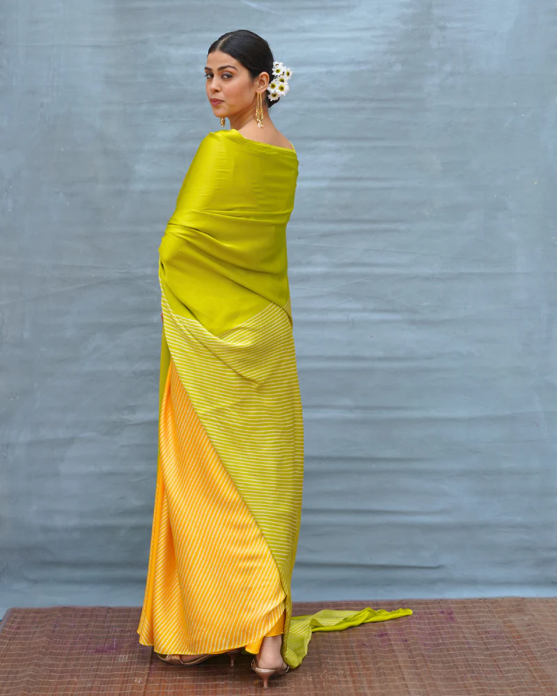 Quiet Wave Yellow Handblock Print Modal Silk Saree - Flow - Image 6