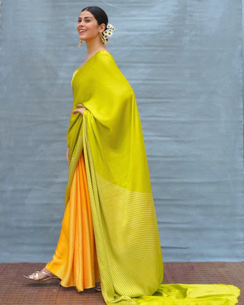 Quiet Wave Yellow Handblock Print Modal Silk Saree - Flow - Image 8