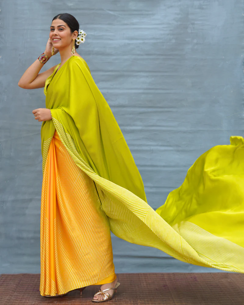 Quiet Wave Yellow Handblock Print Modal Silk Saree - Flow - Image 9
