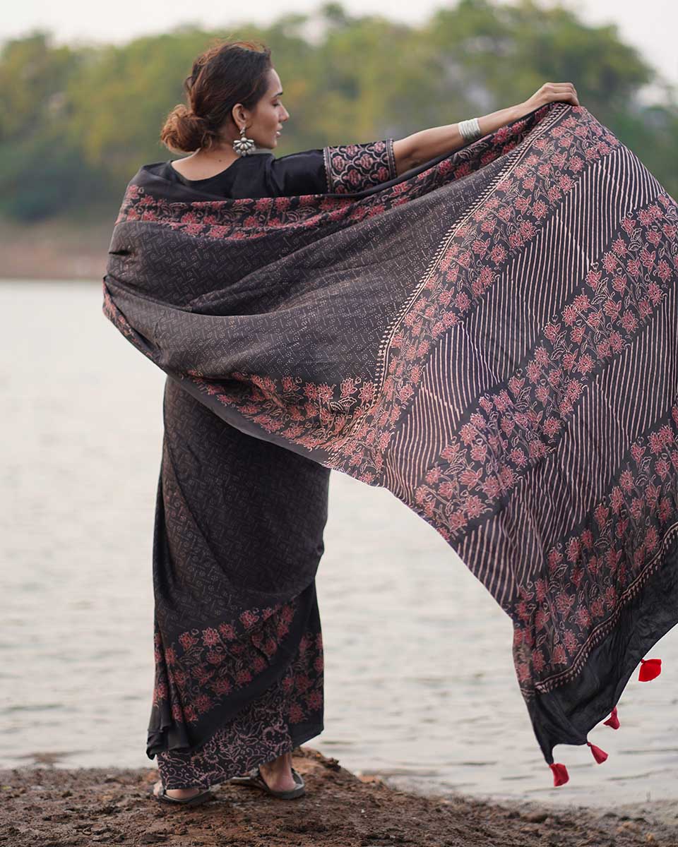 Rahi Black Block printed Modal Silk Saree - Jaisal - Image 2