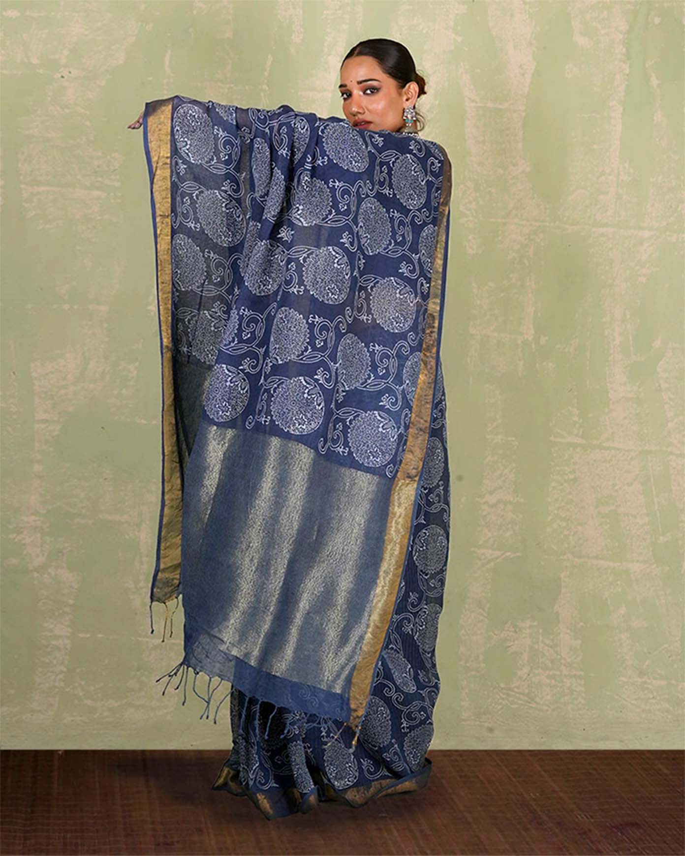 Rahi Blue Handblock Print Linen Saree - INDI - Image 10