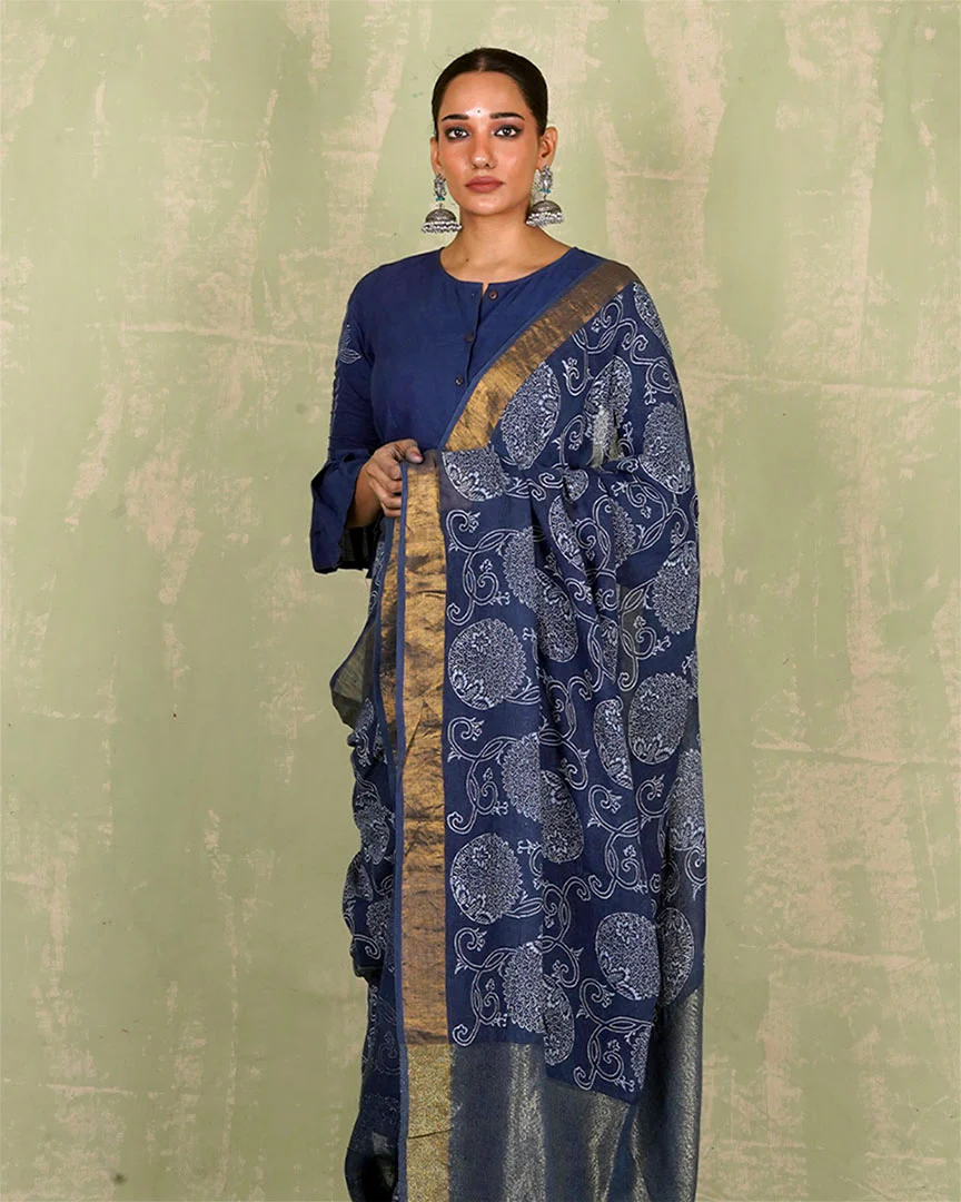 Rahi Blue Handblock Print Linen Saree - INDI - Image 2
