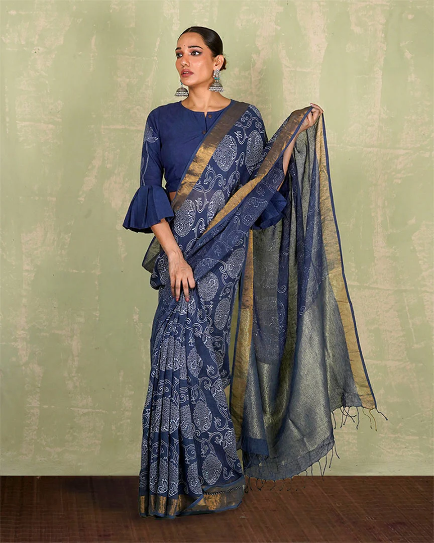 Rahi Blue Handblock Print Linen Saree - INDI - Image 4