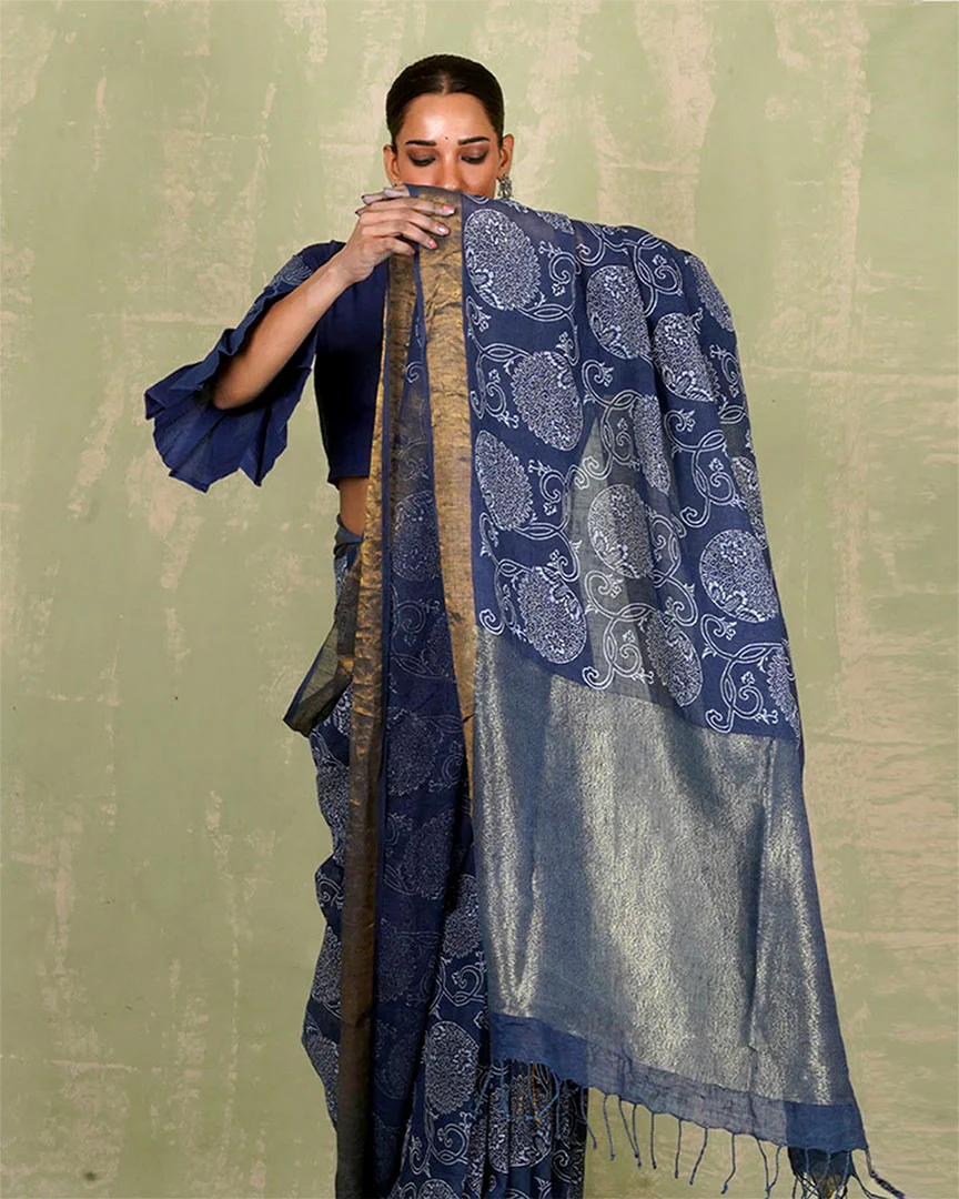 Rahi Blue Handblock Print Linen Saree - INDI - Image 6