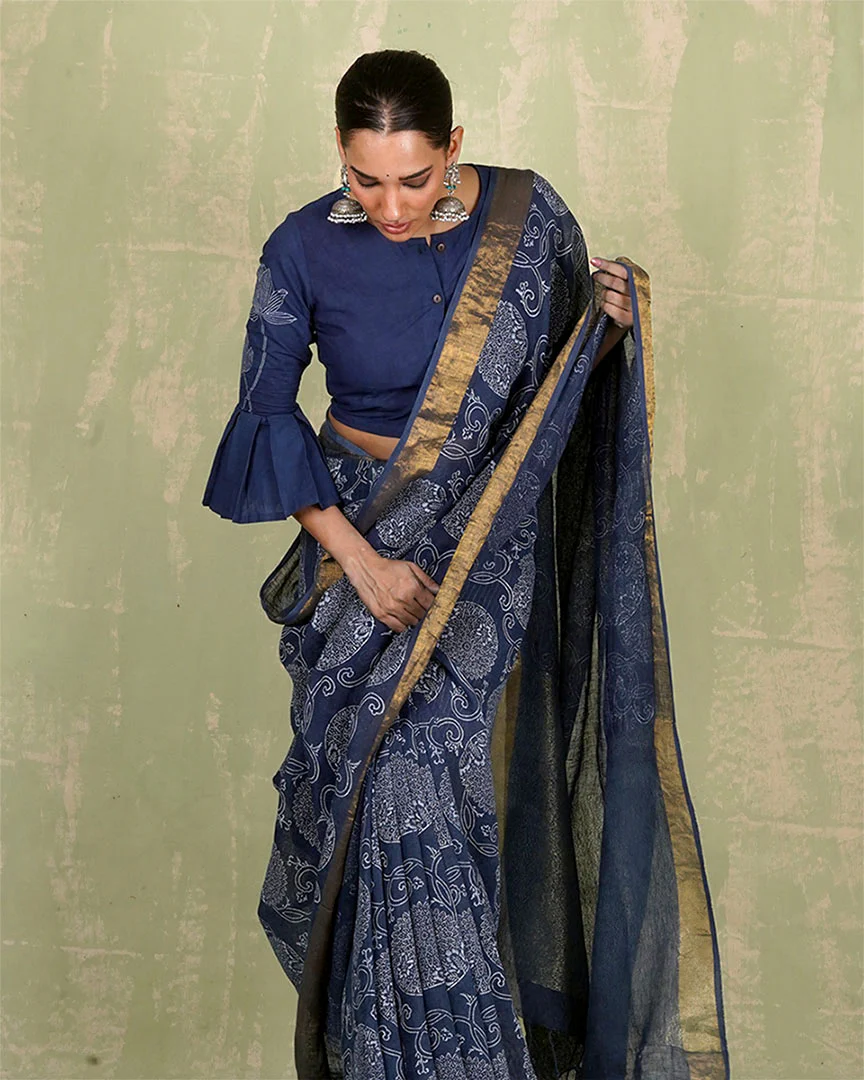Rahi Blue Handblock Print Linen Saree - INDI - Image 7