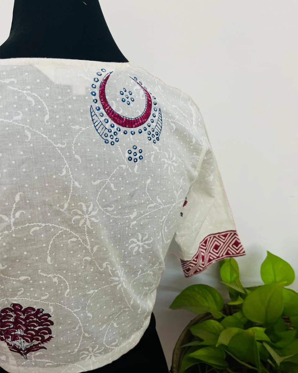Rangriti White Handblock Print Cotton Blouse - Noor - Image 3