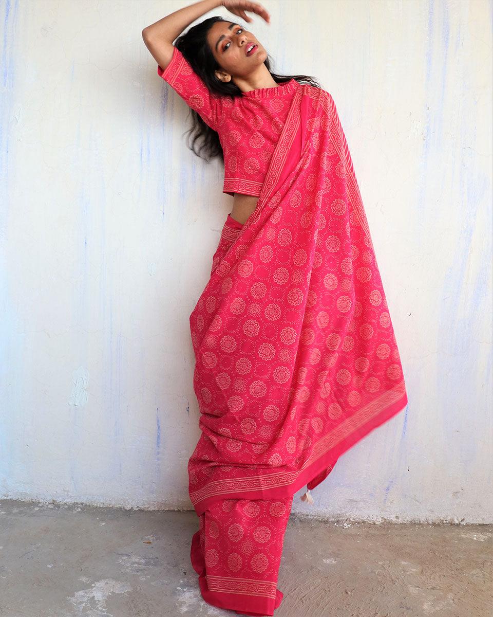 Bira Hand Blockprinted Cotton Saree - Butterfly Girls - Image 9