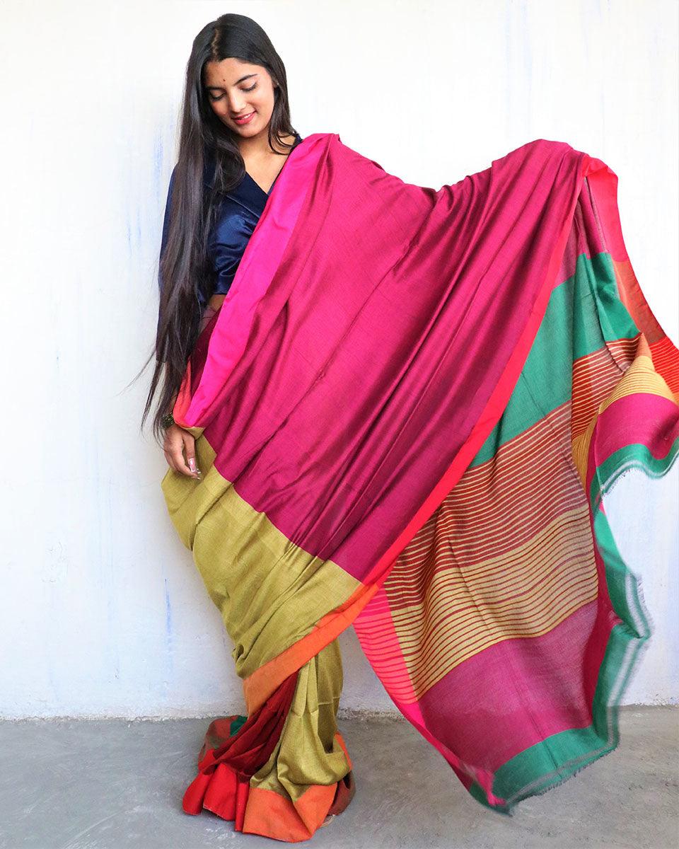 Anika Handwoven Pure Cotton Viscose Saree - Holi