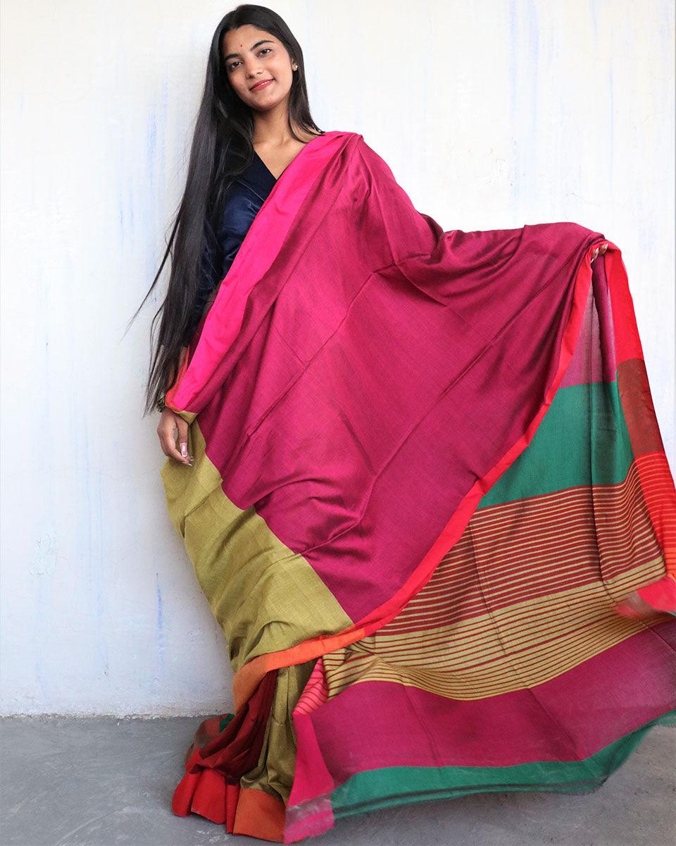 Anika Handwoven Pure Cotton Viscose Saree - Holi - Image 5