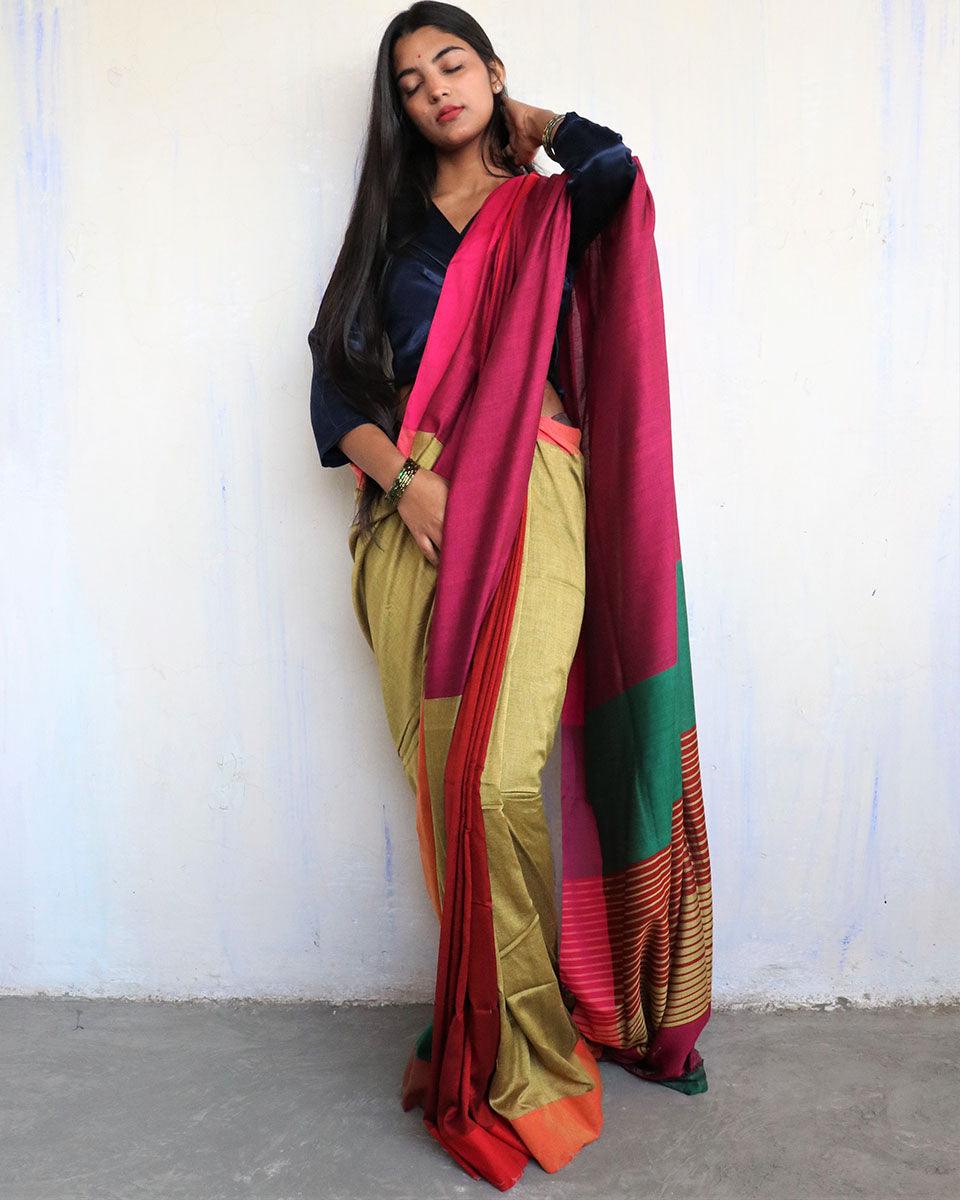 Anika Handwoven Pure Cotton Viscose Saree - Holi - Image 8