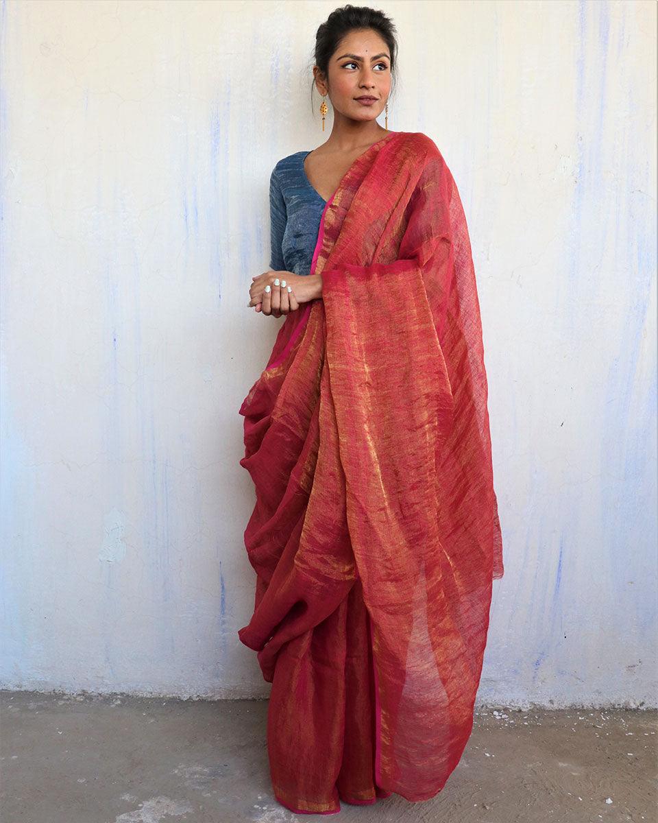 Inaayat Pink Handwoven Linen Saree-Melting Moon - Image 7
